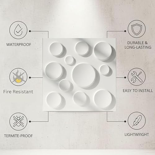 Image of Kayra Decor 3D PVC Wall Panels Moon Design - White Color | 19.7 inch x 19.7 inch (Pack of 12) - Covers 32.28 Sq. Ft | Premium Home & Office Wall Decoration