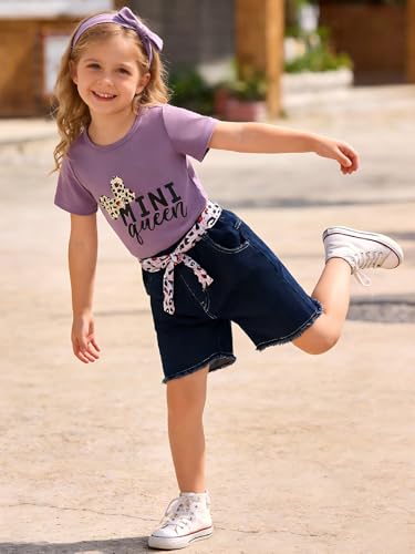 Image of Kids Toddler Girls Summer Clothes Leopard Butterfly Print T-Shirt + Belted Denim Jeans Shorts 3PCS Outfits