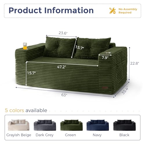 Image of MAXYOYO 63 inch Boneless Loveseat Sofa Couch for Small Spaces, Mini Love Seat Floor Couch with Cup Holders and Pillows, 2-Seater Upholstered Cloud Couch for Bedroom Apartment, No Assembly Required