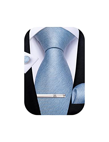 Image of DiBanGu Mens Silk Necktie Solid Color Tie and Pocket Square Cufflink Tie Clip Set Woven Plain Ties for Men Wedding Party