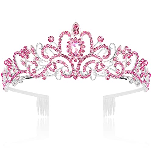 CURASA Pink Crystal Tiara Cute Crowns for Women Princess Crown Birthday Crown Wedding Headband Cute Hair Accessories for Prom Costume