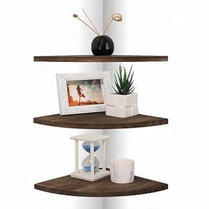 Corner Wall Shelves, Wood Corner Floating Shelves with Cable Raceway, Wall Mount Storage Display for TV Accessories, Monitor, Speaker (Carbonized Dark Brown, Fan-Shaped- 10 Inch)