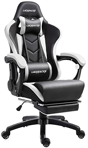 LUCKRACER Gaming Chair with Footrest and Massage -Ergonomic Computer Chair with Headrest and Lumbar Support,Pu Leather High Back Adjustable Big and Tall Swivel Game Chairs for Adults Kids-White