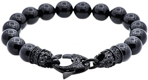 Blackjack Jewelry Men's Genuine Gemstone Stainless Steel Bead Bracelet - Black CZ Skull Lobster Clasp
