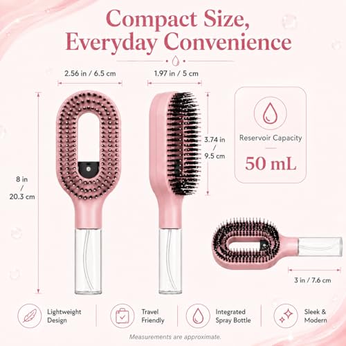 2-in-1 Hair Brush with Water Spray Mister, Detangling Wet & Dry Hair Brush with Fine Mist, Anti-Frizz Portable Styling Tool for Curly, Straight & Thick Hair, Refillable Spray Brush (Pink) — view 4
