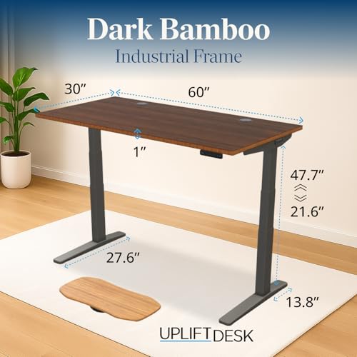 Image of UPLIFTDESK Dark Bamboo (60 x 30 inch) Standing Desk 2-Leg V3 Adjustable Stand Up C-Frame (Indus.), Advanced Keypad, Wire Grommets, Wire Tray, Rocker Board
