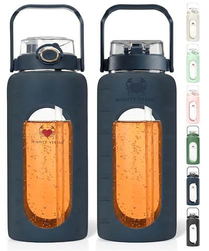 MIGHTY VESSEL 64 Oz Water Bottle with Time Marker & Straw - Dark Blue Pregnancy 2 Liter Glass Water Bottles with Measurements - Daily intake bottle - Leakproof Borosilicate jug