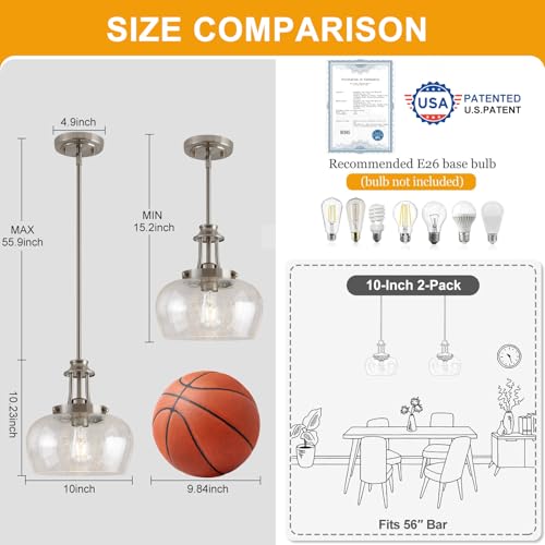 Image of Modern Pendant Lights Kitchen Island, Brushed Nickel Pendant Light Fixtures with 10 inch Clear Air Bubble Glass Shade, Industrial Hanging Pendant Lights Fixture for Kitchen Island Dining Room Entryway