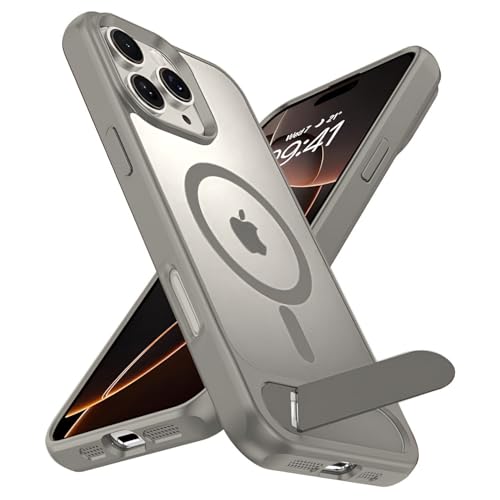 Image of Elzzi Magnetic for iPhone 15 Pro Max Case (Compatible with MagSafe) Slim Translucent Matte Shockproof with Anti-Fingerprint Phone Case, Kickstand Grey Titanium