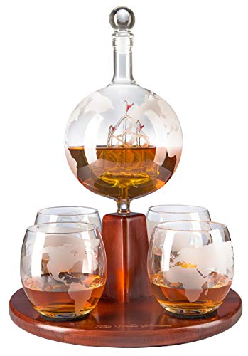 The Wine Savant Whiskey Decanter, World Decanter Globe Decanter with Antique Boat - 4 World Map Glasses