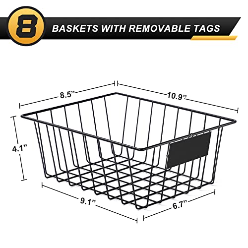 8 Pack Wire Storage Baskets for Organizing with Removable Tags, Pantry Organization Bins for Kitchen Cabinets, Closet - Metal Basket for Laundry, Garage, Refridge, Bathroom Countertop Organizer, Black