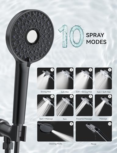 Image of Magichome Shower Head with Handheld, High Pressure 10-Spray Detachable Chrome Showerhead with Stainless Steel Hose, Black
