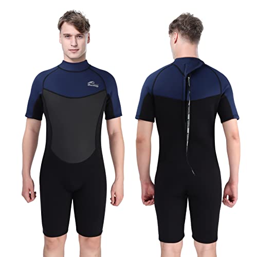 Owntop 3mm Shorty Wetsuit voor Mannen - Stretch Korte Mouw Neopreen Duikpakken Een Stuk Duik Huid UPF50+ Thermische Badkleding voor Surfen Zwemmen Snorkelen Scuba Duiken, Blauw L