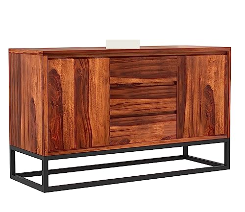 Image of Solid Sheesham Wood Wooden Sideboard Storage Cabinet : Ideal for Living Room and Bedroom with 3 Drawers and 2-Shelf Storage (Ray, Honey Finish)