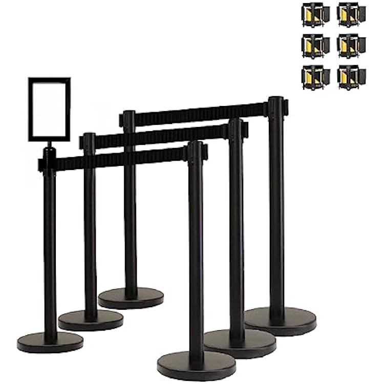 Retractable Stanchion, 6 Posts + Signframe, 36 Ht, 78 Belt + Extra Replacement Cassettes (Black Belt + Black/Yellow Cassettes)