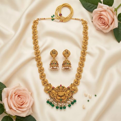 Image of South Indian Traditional Antique Matte Gold Finish Goddess Lakshmi & Peacock Motif Long Necklace Set with Jhumka Earrings for Women | Ethnic Temple Jewellery for Weddings, Brides & Festivals