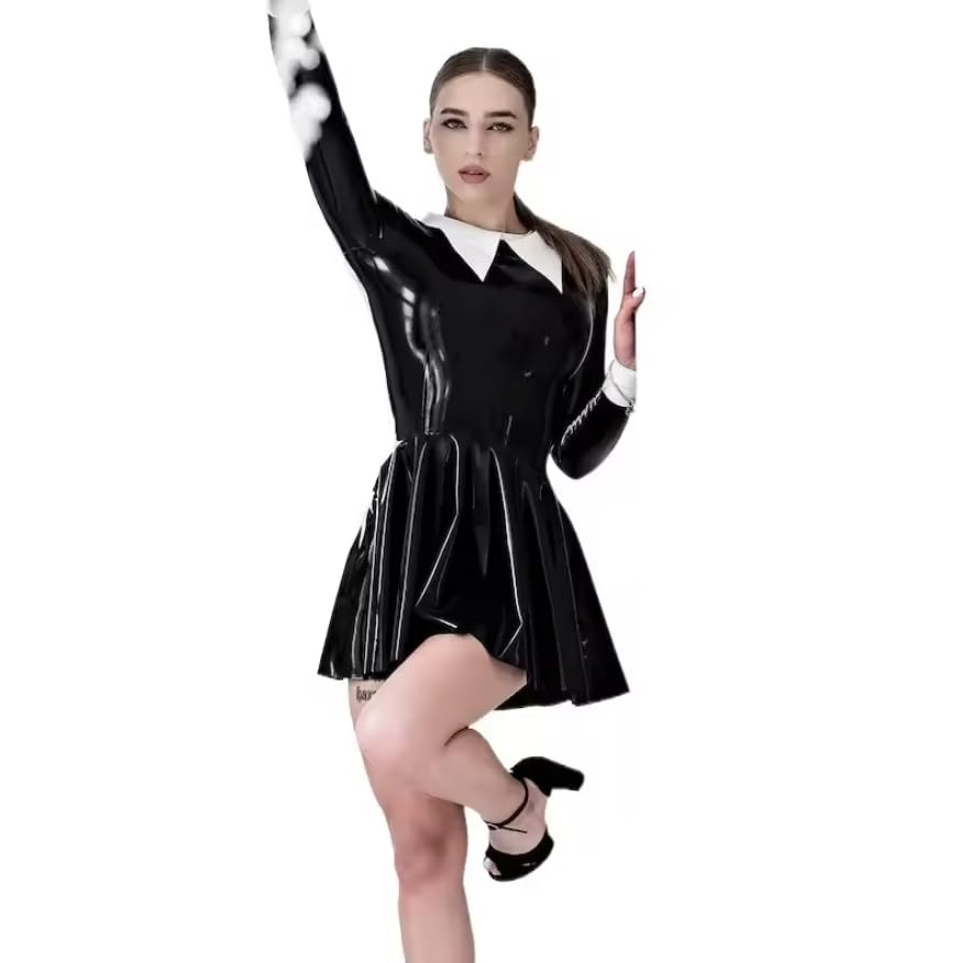 Kołnierz z klapą Wetlook długi rękaw linia A plisowana mini sukienka PVC odzież klubowa odzież damska personalizacja