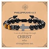 Philippians Cross Bracelet to Men : Natural Gemstone Beaded Men's Religious Cross Bracelet Inspirational for Son Grandson Christian Confirmation Communion Baptism Easter Gift for Boys