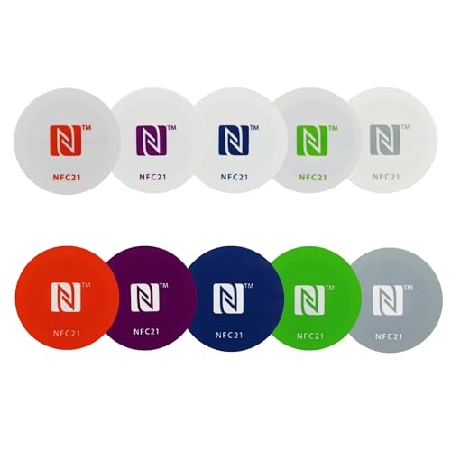 NFC Starter Set, 10 Bunte NFC Sticker (5x NTAG 213, 5x NTAG 215), 30mm, Rund, PET, ideal für Kontaktdaten, Smart Home Automatisierung, Starten von Apps, NFC Aufkleber