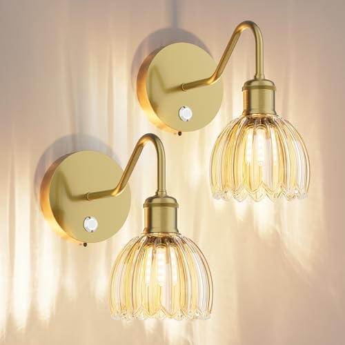 Image of 2 Pack Battery Powered Wall Sconce with Amber Tulip Glass Lampshade, Rechargeable Dimmable LED Wall Sconce for Living Room, Hallway, Bedroom, Dining Room