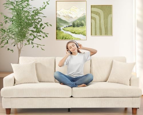 Image of Kidirect 87in Corduroy Couch, 3 Seater Sofa, Sofas & Couches, Beige Couch | No Tool Assembly, Comfy Couches for Living Room, Oversized Loveseat Sofa, 21in Deeper Seat, Sofas for LIving Room & 2 Pillows