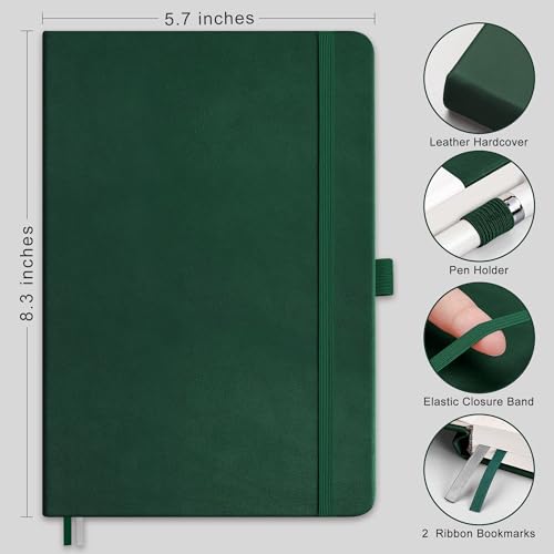 Image of RETTACY Dotted Journal Notebook, 192 Pages, A5 Medium Size (5.7'' x 8.3'') | Leather Hardcover, 100 GSM Thick Paper, for Journaling, Planning, Tracking (Dark green)