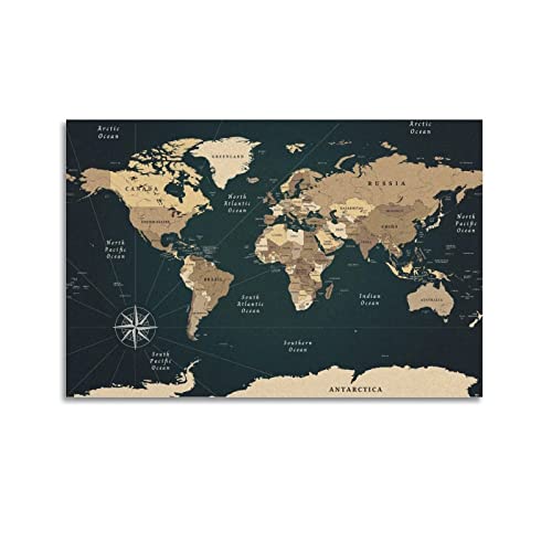 NOHF Poster de carte du monde vintage - Décoration murale rétro - Esthétique - Décoration de chambre ou de bureau - 30 x 45 cm - Style sans cadre