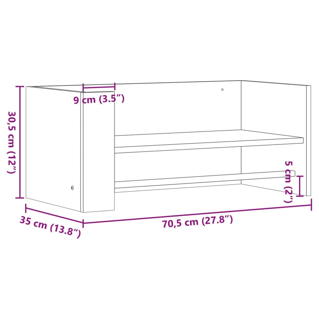 Estantería de pared de roble Sonoma, 70,5 x 35 x 30,5 cm, material de madera, estantería flotante para baño con barra colgante, ahorro de espacio para dormitorio