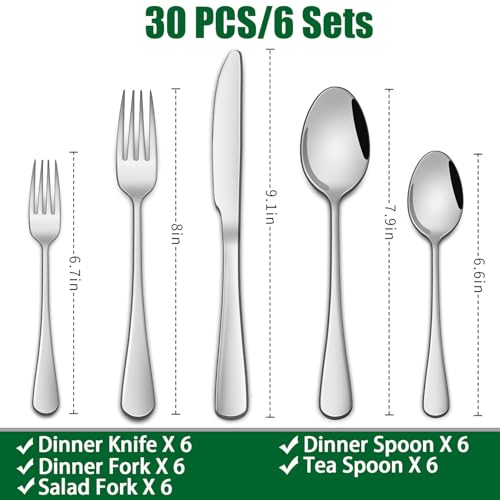 Image of DEHOV 30-Piece Cutlery Set, Premium Stainless Steel Cutlery Set, Service for 6, Mirror Polished Cutlery Set for Home, Kitchen, Restaurant, Hotel, Set of