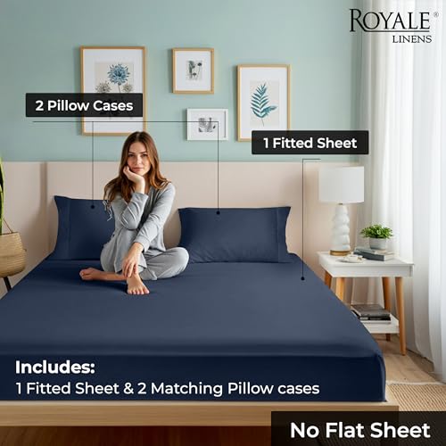 Image of ROYALE LINENS Fitted Sheet with Pillowcases - Full Fitted Sheets with 2 Pillowcases - 300 Thread Count 100% Organic Cotton - Fits Mattress Up to 18 inch Deep - Soft & Breathable - Navy (No Flat Sheet)