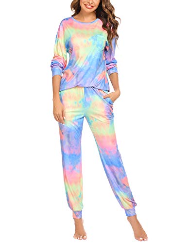 Ekouaer Pajamas Set Womens Two-Piece Sleepwear Long Sleeve O-Neck Tie Dye Nightwear with Pockets PJ Sets S-XXL