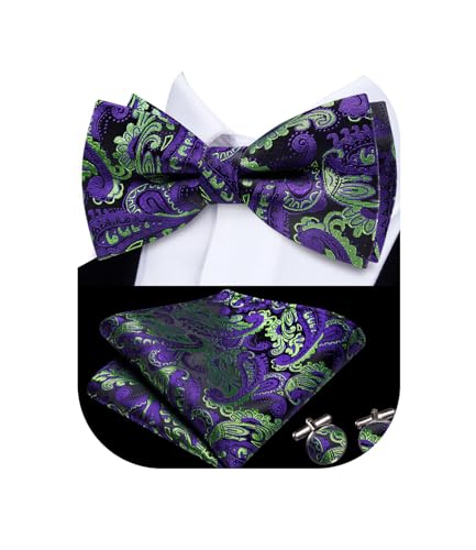 Image of Dubulle Mens Paisley Striped Bowtie Set Pre-tied Bowtie for Men and Pocket Square Set Wedding Business