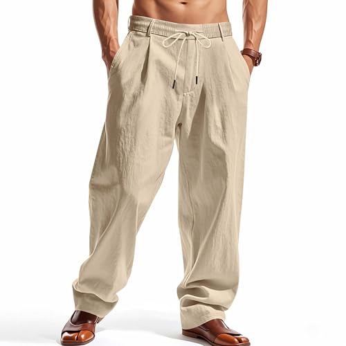 Baggy Pants Mens Linen Beach Pants Plus Size Casual Elastic Waist Lightweight Drawstring Baggy Straight Leg Summer Beach Men's Yoga Pants Trousers with Pockets(Khaki,Large)2