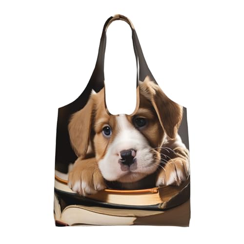 Canvas Tote Bag for Women Shoulder Tote Purse Reusable Grocery Bag Puppy Dog with Book Aesthetic Shopping Bags