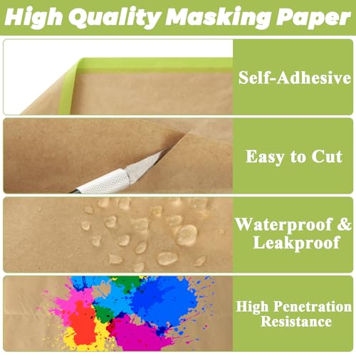 Image of 6 Rolls 12 inch x 50 ft Pre-Taped Masking Paper, Tape and Drape Painters Paper, Paint Masking Paper for Painting Cars and Auto Body, Floor Protection, Wall Covering