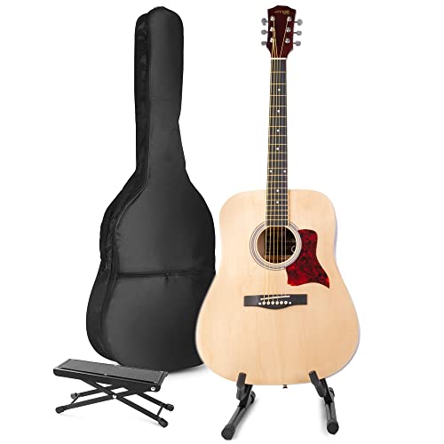 MAX SoloJam Guitare Acoustique occidentale avec Support de Guitare et Repose-Pied – Bois, Idéal pour Débuter la Guitare - Les Beatles, Paul McCartney, John Lennon, RIngo Starr, George Harrison MAX SoloJam Guitare Acoustique occidentale avec Support de Guitare et Repose-Pied - Bois, Idéal pour Débuter la Guitare