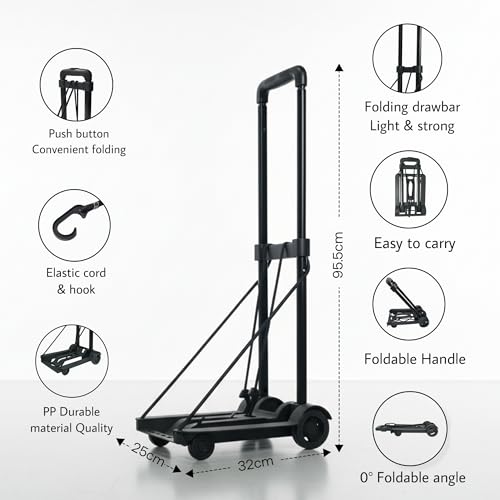 Image of BonKaso 2 Wheels Foldable Travel Luggage Trolley Cart with 35kg Load Capacity | Lightweight Collapsible Hand Truck with Bungee Cord | Portable Luggage Carrier for Travel Office Home Use (Black)