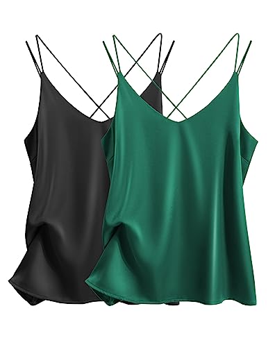 Image of Ekouaer Womens 2-Pack Silk Satin Camisole Tank Top V Neck Sexy Cross Back Spaghetti Strap Cami Sleeveless Lounge Tops S-XXL