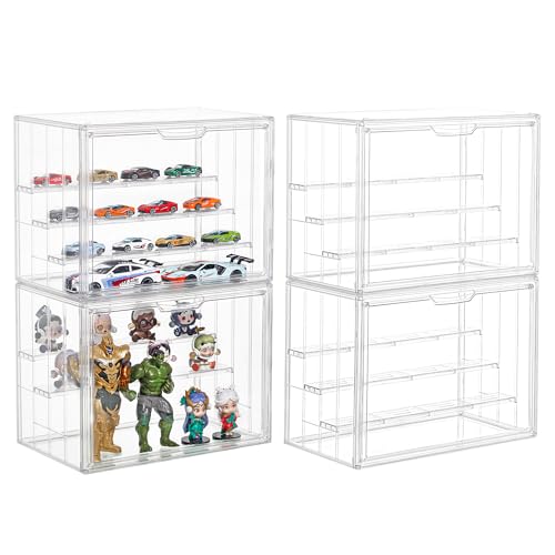 Image of 4 Pack Display Case for Collectibles 4 Layer Updated Adjustable Acrylic Display Case with Magnetic Door Clear Stackable Display Box Hobby Display Cases for Figures