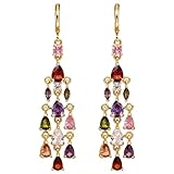 Vuskdtei18K Gold Plated Rainbow Waterdrop Gemstone Dangle Earrings for Women, Hypoallergenic Cubic Zirconia, Elegant Chandelier Drop Earrings, Statement Jewelry Gifts Fashion (Chandelier-Gold-Mix)