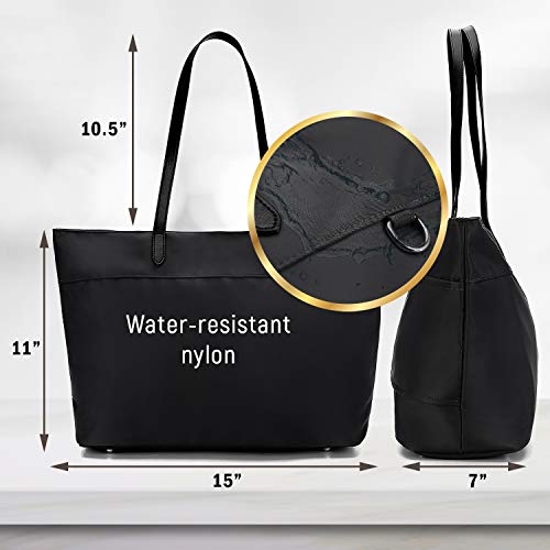 Nylon Shopping Tote Bag with Microfiber Leather Handles, Trolley Strap, Multiple Pockets and Key Clasp for Women (Black) - Image 5