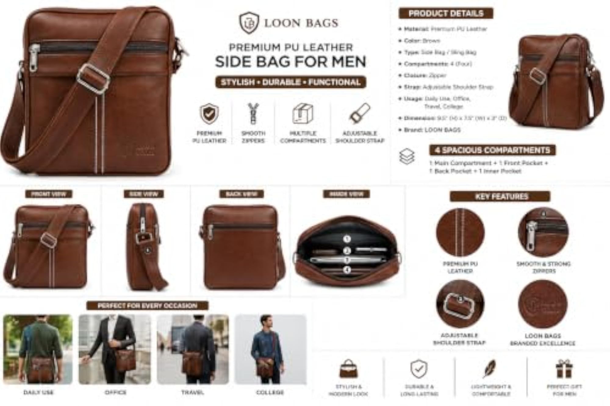 Men's Brown PU Leather Multi-Compartment Laptop Bag