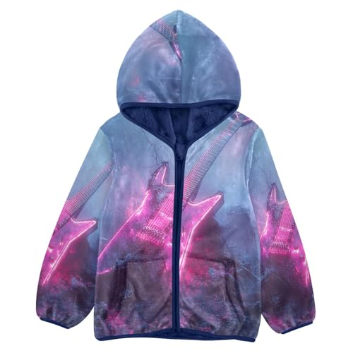 Glowing Electric Guitar Artwork Toddler Fleece Jacket Girl Boys Hooded Fleece Jacket Coat Warm Outwear Zip-up 3-10T