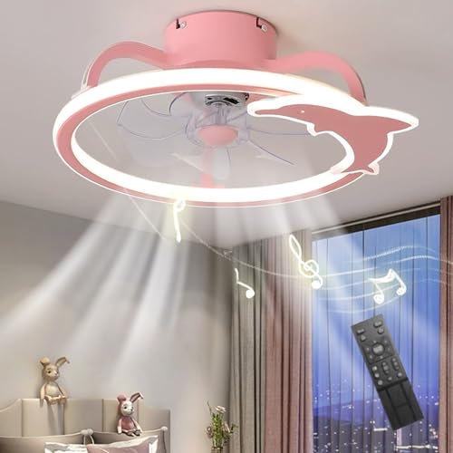 LASANYA Modelado De Delfines Ventilador De Techo con Luz, Habitación Infantil Lampara De Techo Led Ventilador, con Altavoz Bluetooth, Moderno LED Silencioso Lampara Ventiladores Techo-Rosa