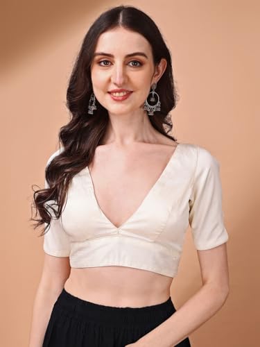 Image of Womanista Women's Dupion Silk Half Sleeve Solid V Neck Readymade Saree Blouse Stylish