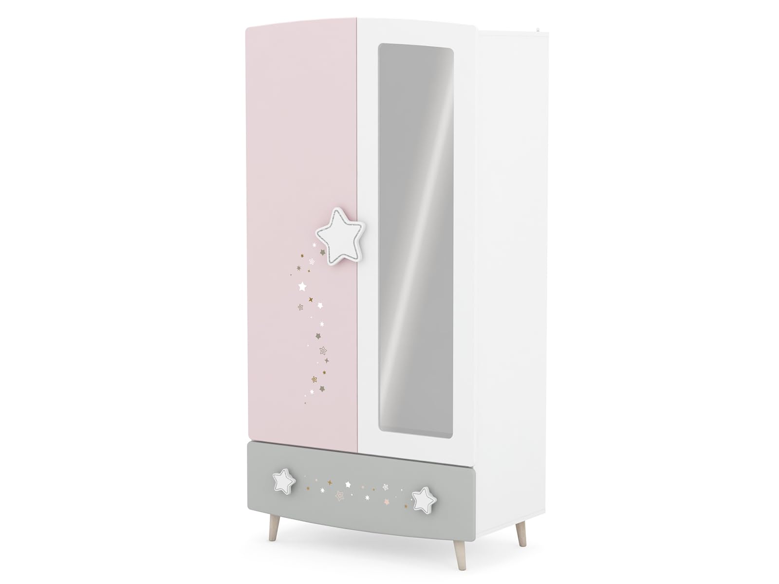 möbelando Prinzessin Kinder Kleiderschrank mit Himmelssternen und Ganzkörperspiegel, 2 Türen, 1 Schubkasten, 2 Kleiderstangen, Massivholzfüße - 89x185x50 cm (B/H/T), Rosa/weiß/grau #einfach zuckersüß