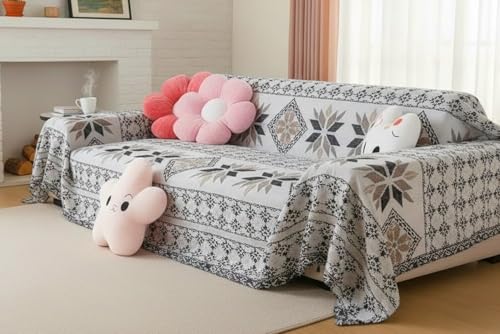 Image of The Furnishing Tree Reversible Double Sided Chenille Throw Sofa Cover, Anti-Slip Couch Cover, Comfy Sofa Towel for All Seasons, 3 Seater, Geometric and Floral Pattern White and Grey