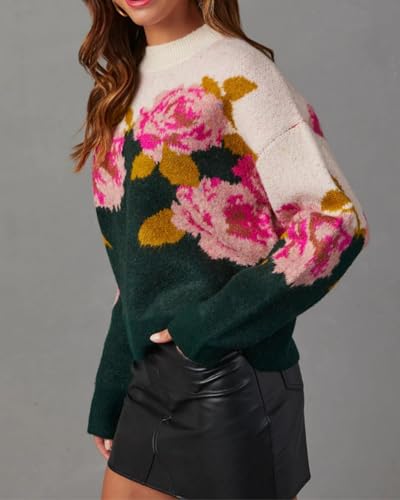 Image of Women's Flower Sweater Crew Neck Casual Long Sleeve Drop Shoulder Pullover Sweaters Knit Top
