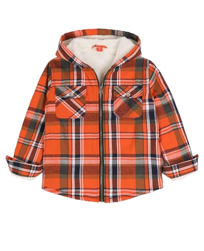 Chaqueta de franela a cuadros con forro de sherpa y cremallera completa, acogedora camisa de franela con capucha y bolsillos para las manos, Forro de sherpa naranja, XL