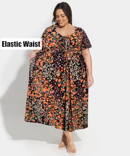 Image of CARCOS Plus Size Dresses for Curvy Women Tie Sweetheart Neck Summer Maxi Dress Short Sleeve Empire Waist Floral Boho Dress